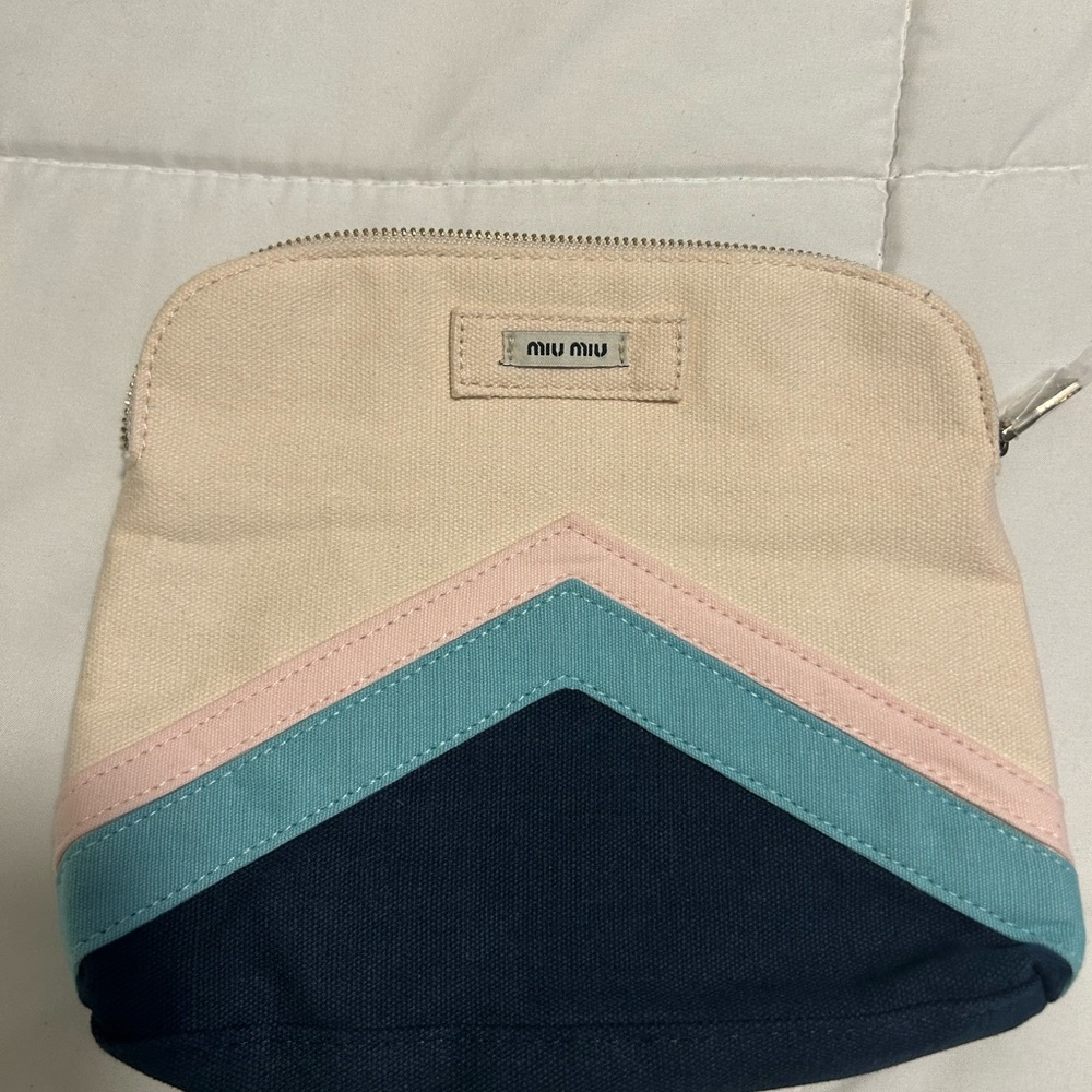 Miu Miu Beige, Pink, and Blue Chevron Cosmetic Bag